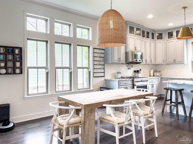 kitchen with dark hardwood / wood-style flooring, hanging light fixtures, backsplash, and appliances with stainless steel finishes