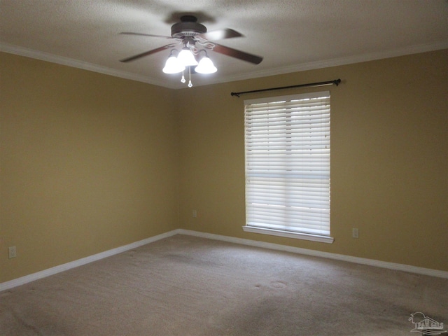 carpeted empty room with ceiling fan and crown molding