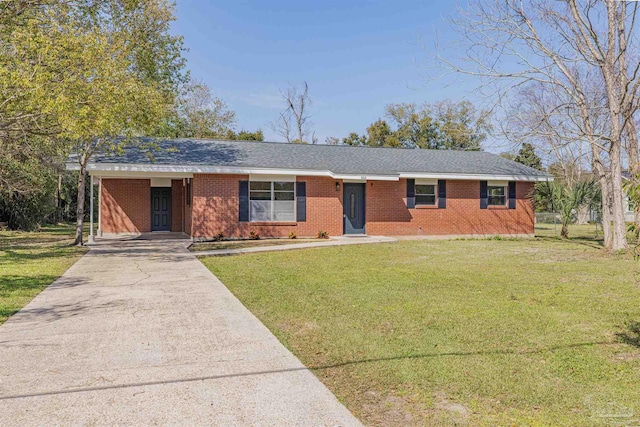 ranch-style home featuring a carport, concrete driveway, a front lawn, and brick siding