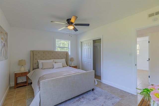 bedroom with a ceiling fan, visible vents, a closet, and baseboards