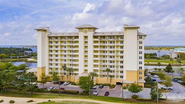 view of building exterior featuring a water view