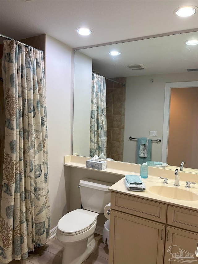full bath with visible vents, toilet, tile patterned floors, recessed lighting, and vanity
