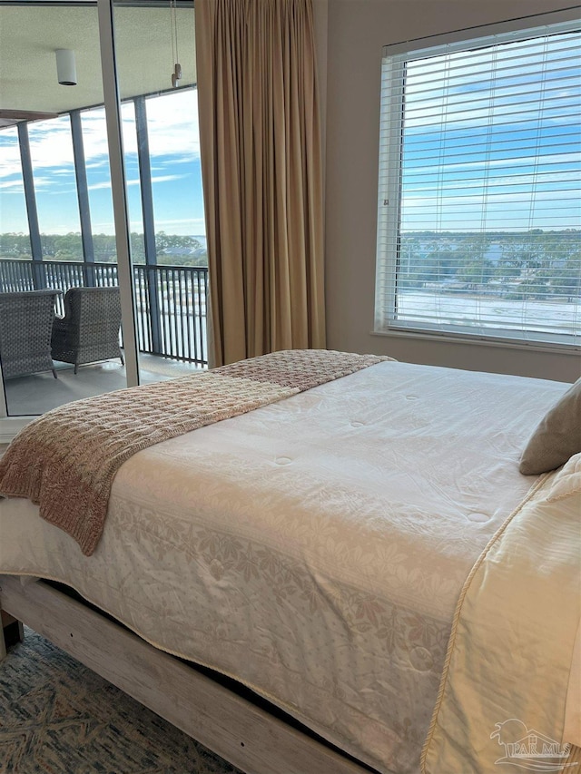 bedroom featuring multiple windows, wood finished floors, and access to outside