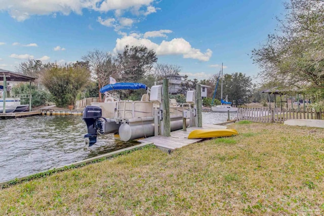 view of dock with a water view and a yard