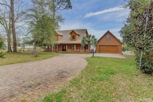 view of front of property with covered porch, fence, a front lawn, and an outdoor structure