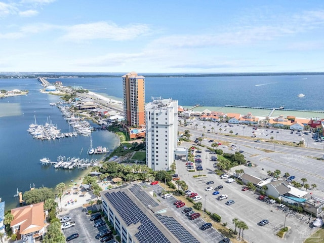 drone / aerial view with a water view