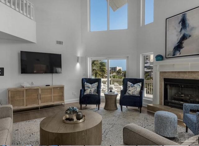 living room with a fireplace and wood-type flooring