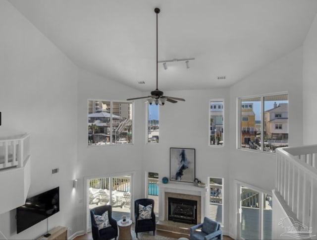 living room with rail lighting, a healthy amount of sunlight, and high vaulted ceiling