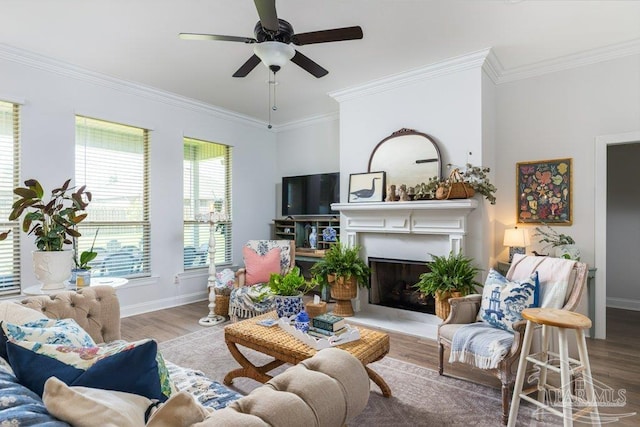 2929 Trestle Way, Cantonment, FL 32533 - living area with ceiling fan, ornamental molding, wood finished floors, and a fireplace