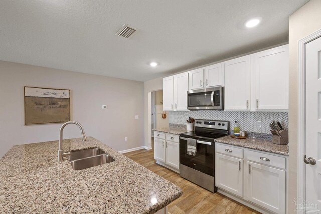 5711 Guinevere Ln, Milton, FL 32583 - kitchen featuring visible vents, white cabinets, a sink, appliances with stainless steel finishes, and light wood finished floors