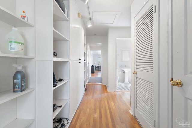 corridor featuring attic access and light wood-style floors