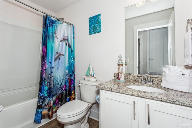 full bathroom featuring shower / tub combo, hardwood / wood-style flooring, vanity, and toilet