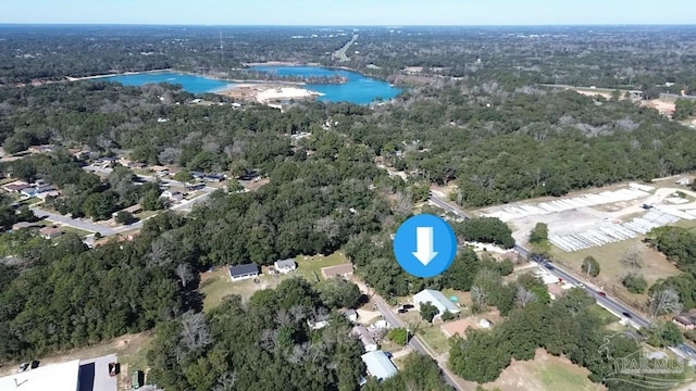 drone / aerial view with a water view and a view of trees