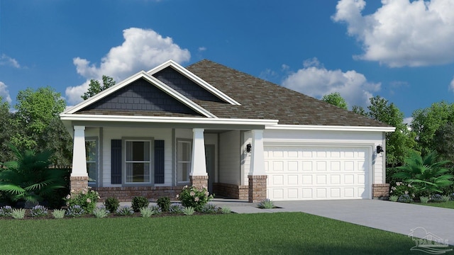 4702 Sago Palm Cir, Pace, FL 32571 - craftsman inspired home with a garage, a front lawn, concrete driveway, a porch, and stone siding