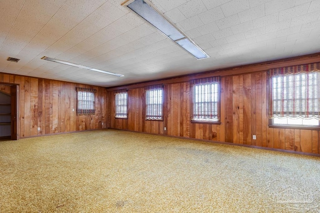 carpeted spare room featuring wood walls and a healthy amount of sunlight