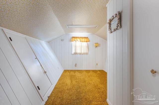 additional living space featuring light carpet, a textured ceiling, and lofted ceiling