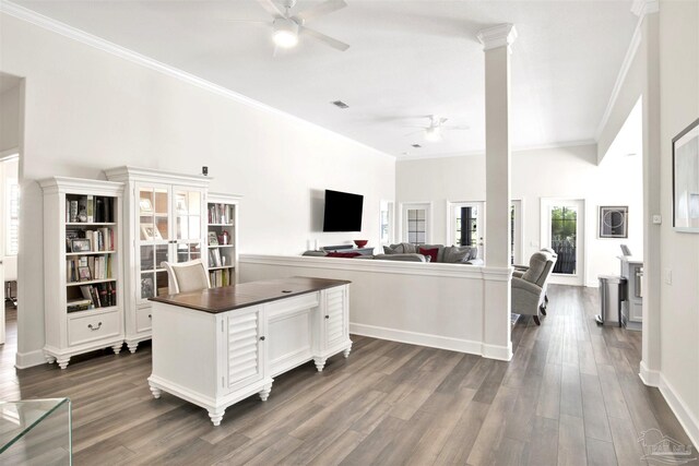 kitchen featuring white cabinetry, dark hardwood / wood-style flooring, and ceiling fan