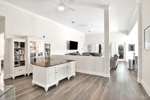 kitchen featuring crown molding, dark hardwood / wood-style floors, white cabinets, and ceiling fan