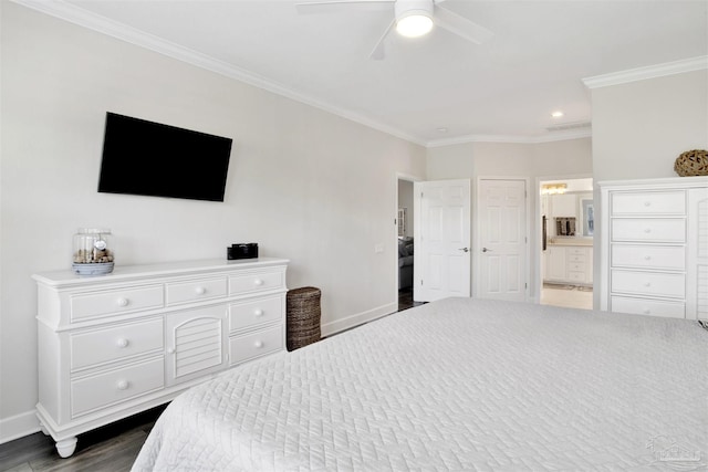 bedroom with ornamental molding, connected bathroom, ceiling fan, and dark hardwood / wood-style flooring