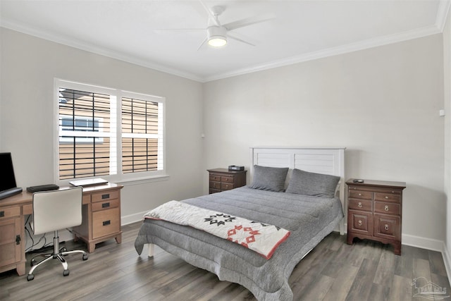 bedroom featuring crown molding, ceiling fan, and dark hardwood / wood-style floors