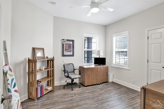 office space with ceiling fan and dark wood-type flooring