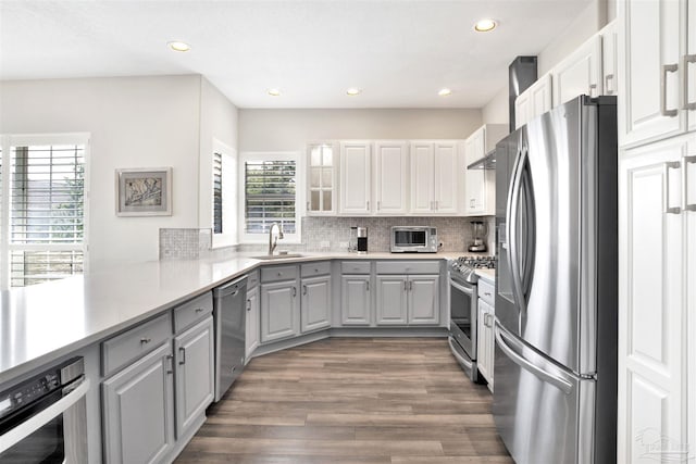 kitchen featuring sink, appliances with stainless steel finishes, gray cabinetry, dark hardwood / wood-style flooring, and kitchen peninsula