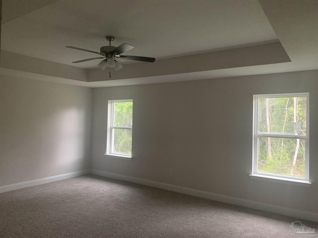 unfurnished room featuring a tray ceiling, ceiling fan, and carpet