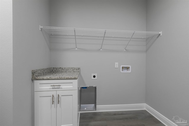 laundry area featuring hookup for a washing machine, electric dryer hookup, baseboards, and dark wood-style floors