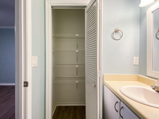 bathroom featuring a walk in closet, vanity, and wood finished floors