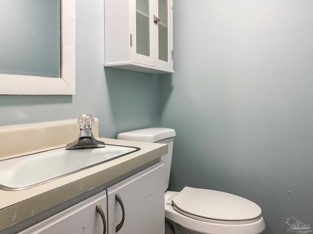 bathroom featuring toilet, a textured wall, and vanity