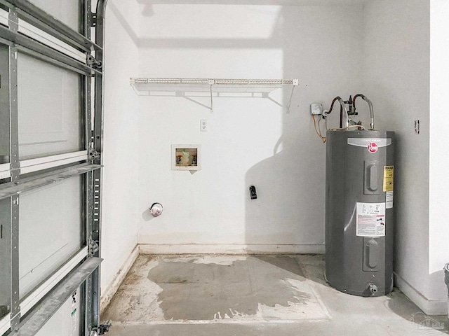 laundry room with laundry area, hookup for a washing machine, electric water heater, and baseboards