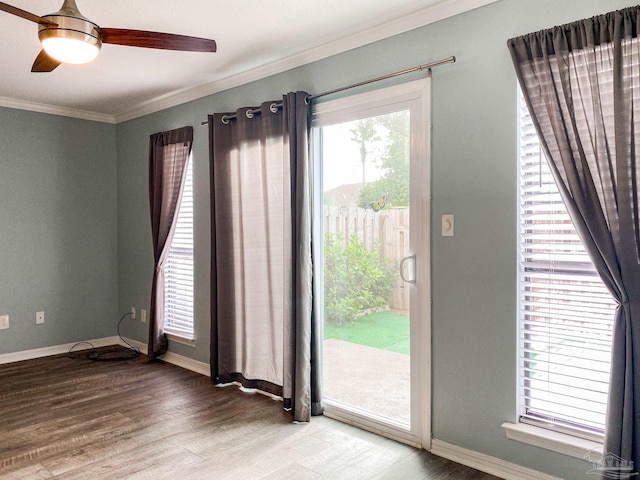 interior space featuring baseboards, ceiling fan, wood finished floors, and crown molding