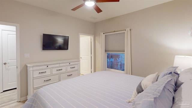 bedroom featuring light wood-type flooring and ceiling fan