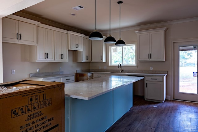 kitchen featuring visible vents, a sink, dark wood-type flooring, crown molding, and decorative light fixtures