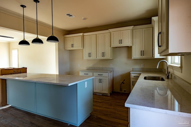 kitchen featuring crown molding, white cabinets, dark wood-type flooring, and a sink