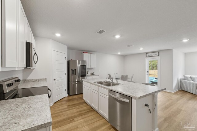 kitchen featuring a sink, visible vents, light countertops, appliances with stainless steel finishes, and light wood-type flooring