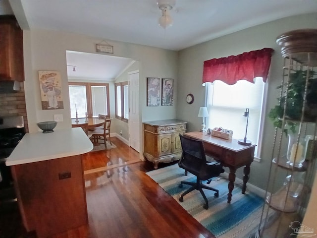 office space with ceiling fan, hardwood / wood-style flooring, and a healthy amount of sunlight