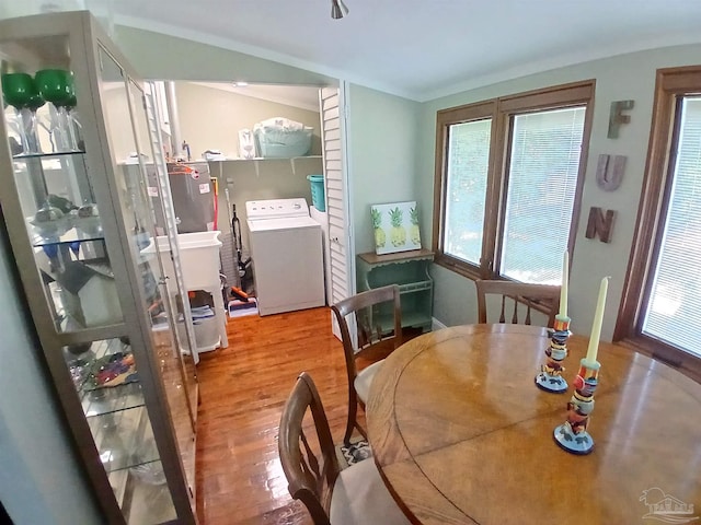 dining room featuring plenty of natural light, wood-type flooring, and washer / dryer