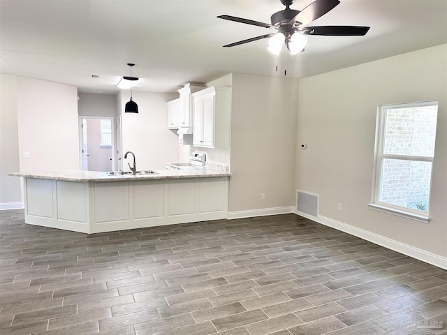 6283 Andys Ln, Milton, FL 32570 - kitchen with a sink, wood finished floors, stove, baseboards, and ceiling fan
