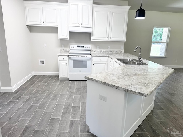 6283 Andys Ln, Milton, FL 32570 - kitchen with white electric stove, a sink, a peninsula, and wood tiled floors