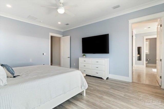 bedroom featuring light wood-type flooring, ceiling fan, and ornamental molding