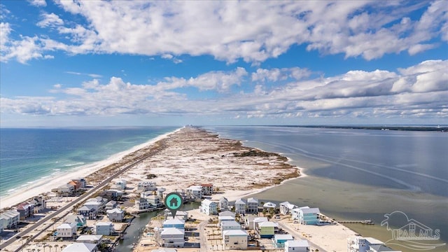 aerial view featuring a view of the beach and a water view