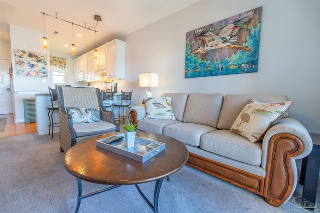 carpeted living room featuring rail lighting