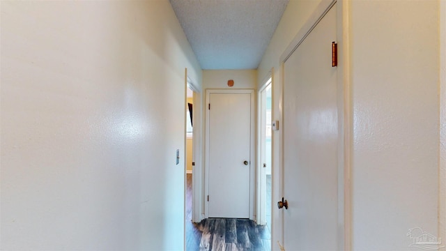 hallway featuring a textured ceiling and dark hardwood / wood-style floors