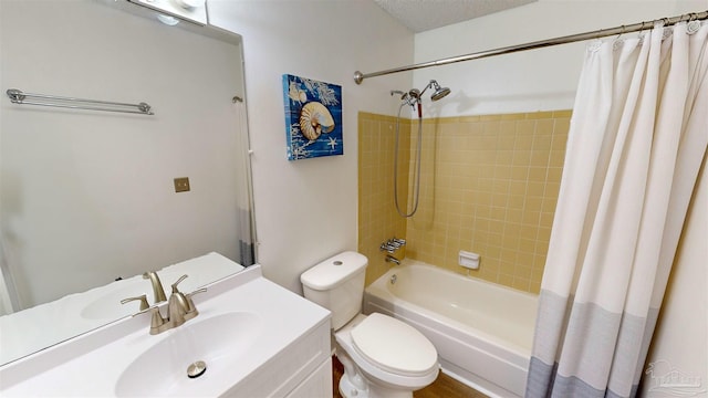 full bathroom featuring toilet, a textured ceiling, shower / bathtub combination with curtain, and vanity