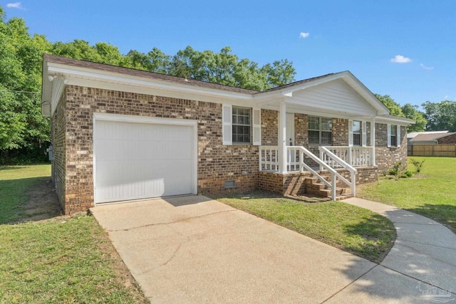 ranch-style home featuring concrete driveway, an attached garage, brick siding, and a front lawn