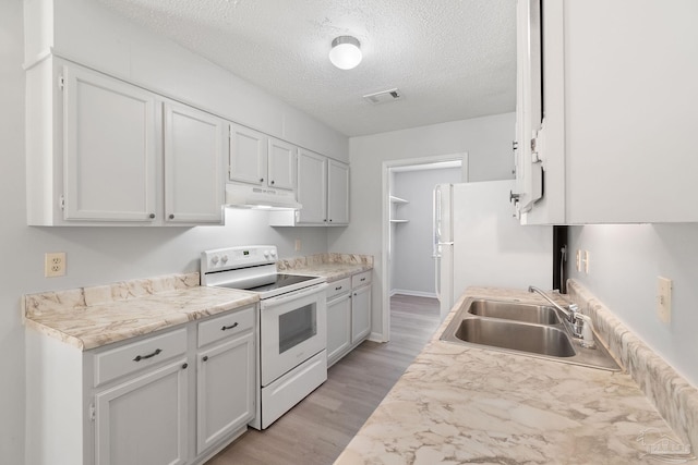 kitchen with a sink, visible vents, light wood-style floors, white appliances, and under cabinet range hood