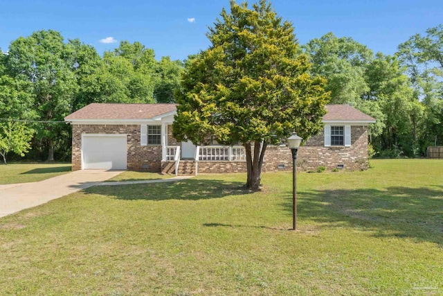 view of front of house with a front lawn, concrete driveway, a garage, brick siding, and crawl space