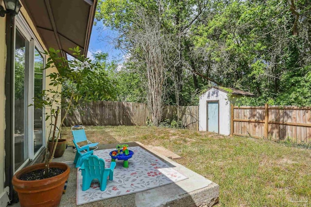 view of yard featuring a patio area, a fenced backyard, a storage unit, and an outdoor structure