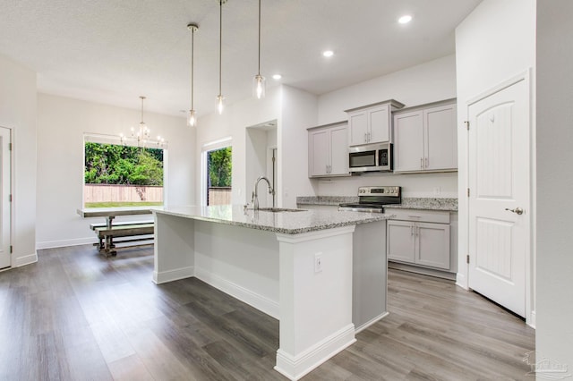 1825 Peace Ter, Cantonment, FL 32533 - kitchen with wood finished floors, appliances with stainless steel finishes, a sink, and gray cabinetry